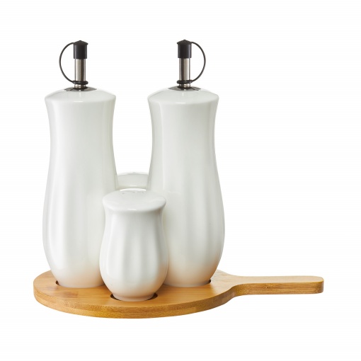 Set recipiente condimente, tava rotunda cu maner, 5 piese, alb mat, Natural