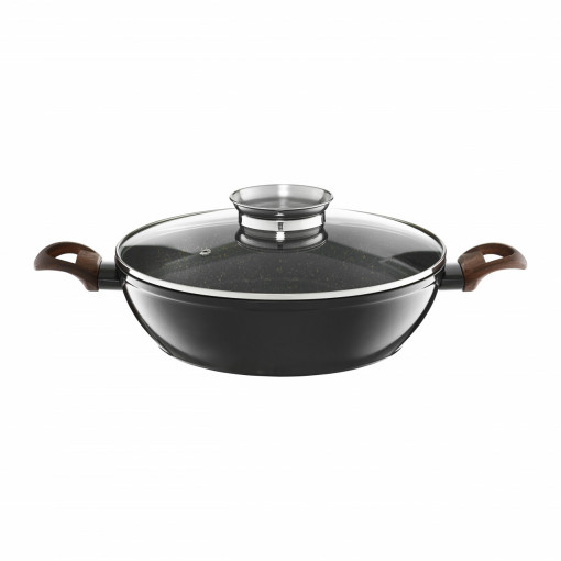 Tigaie adanca cu capac 28cm, 3.8L, sistem Aroma Knob, invelis Qualum Basic Stone, Darkwood