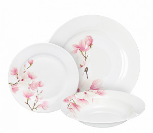 Farfurie plata, farfurie adanca si farfurie desert Magnolia, ce dispun de o utilizare si intretinere facile