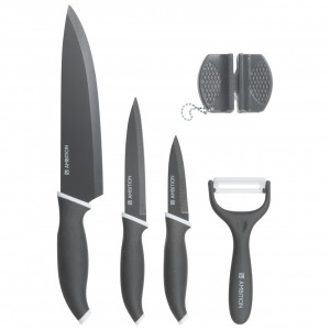Set cutite, 5 piese, include ascutitor si curatator legume, gri, Elementi - Img 2