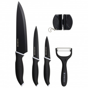 Set cutite, 5 piese, include ascutitor si curatator legume, negru, Elementi