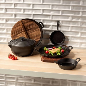 Tigaie wok cu capac lemn si 2 manere 32cm, fonta, Iron - Img 2