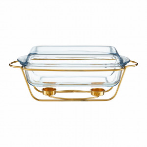 Vas termorezistent cu incalzitor 3.9L, suport auriu, chafing dish, Saule - Img 2