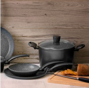 Oala inalta cu capac 20cm, 3.6L, invelis Qualum Basic Stone Edition, Loft - Img 3