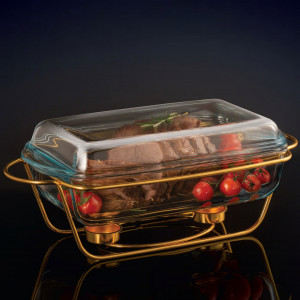 Vas termorezistent cu incalzitor 3.9L, suport auriu, chafing dish, Saule - Img 3