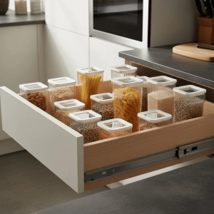 Cadru dintr-o bucatarie moderna cu o multitudine de recipiente depozitare alimente Curly