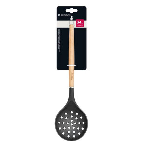 Spumiera cu maner lemn, plastic gri, Natural - Img 2