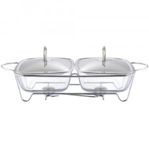 Vas termorezistent cu incalzitor 2x2.5L, suport si capac argintiu, chafing dish, Helios
