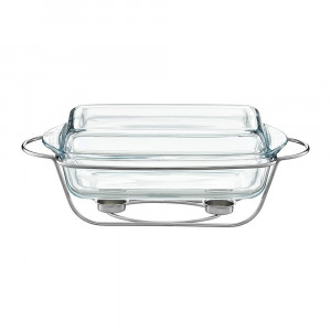 Vas termorezistent cu incalzitor 3.9L, suport argintiu, chafing dish, Saule