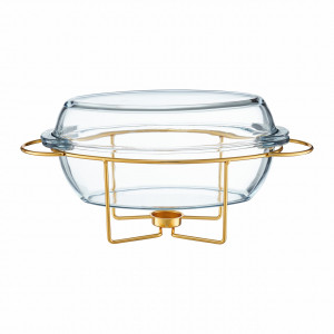 Vas termorezistent cu incalzitor 4.5L, suport auriu, chafing dish, Saule