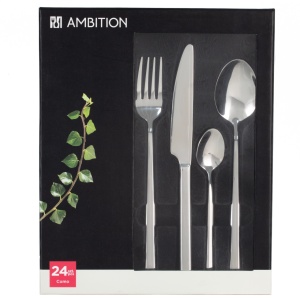 Prezentarea cutiei in care vine ambalat acest set tacamuri inox Como, de la brandul Ambition