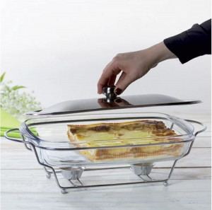 Vas termorezistent cu incalzitor 3.6L, suport si capac argintiu, chafing dish, Helios - Img 2