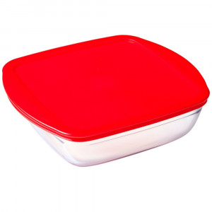 Vas termorezistent cu capac din plastic rosu 25x22x7cm, 2.2L, Cook & Store