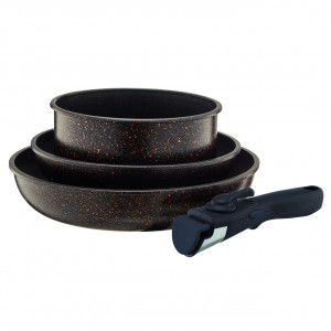 Set tigai si oala cu maner detasabil, 4 piese, invelis Qualum Basic Stone Edition, Gold