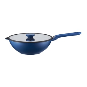 Tigaie wok cu capac 30cm, invelis Qualum Ceramic, Cobalt