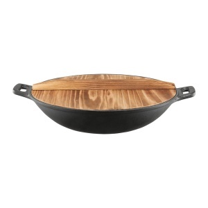 Tigaie wok cu capac lemn si 2 manere 32cm, fonta, Iron