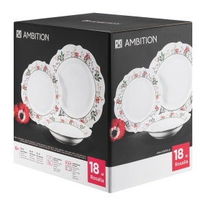 Cutia in care vin ambalate cele 18 piese din acest serviciu de masa Rosalia, de la brandul Ambition