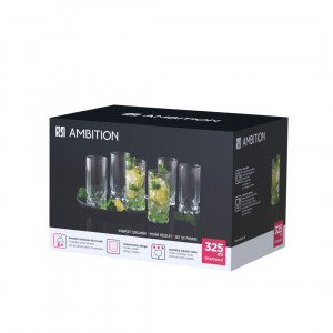 Prezentarea cutiei in care vine ambalat acest set pahare long drink Diamond, de la Ambition