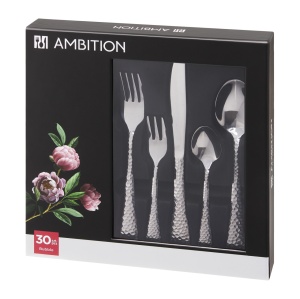 Cutia originala Ambition, in care vine ambalat acest set tacamuri inox din 30 de piese Bubble