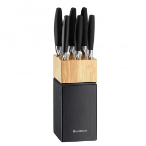 Set cutite, 7 piese, bloc lemn negru, Magnat