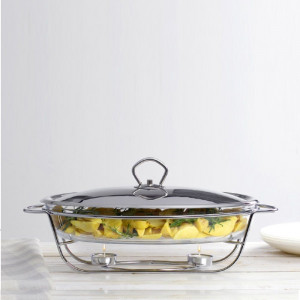Vas termorezistent Helios cu chafing dish cu lumanare, ce mentine preparatele la o temperatura optima