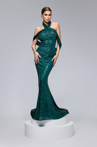 Rochie BBY Lunga Eleganta Verde Smarald Din Paiete - Img 4