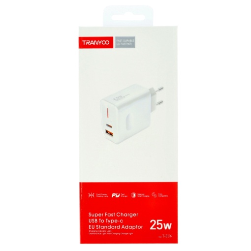 Incarcator retea Fast Charge USB-C + USB-A 25W TRANYOO T-EU6