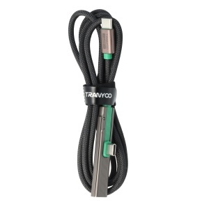 Cablu de date si incarcare rapida Tranyoo CC10, Type-C la Type-C, 240W, cu suport stand integrat, conector in unghi 90 grade, carcasa din aliaj de titan, cablu impletit, 1.2 m, pentru telefon, tableta si laptop, compatibil iOS si Android, Gri - Img 9