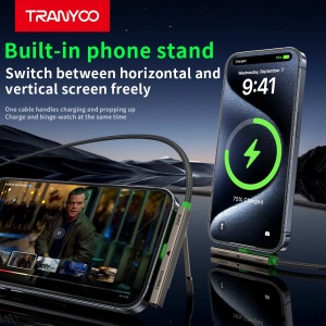 Cablu de date si incarcare rapida Tranyoo CC10, Type-C la Type-C, 240W, cu suport stand integrat, conector in unghi 90 grade, carcasa din aliaj de titan, cablu impletit, 1.2 m, pentru telefon, tableta si laptop, compatibil iOS si Android, Gri - Img 3