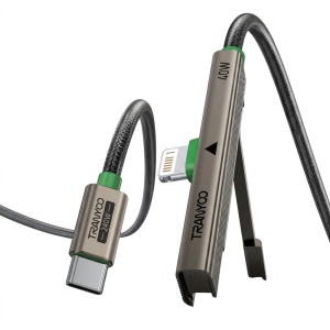 Cablu de date si incarcare rapida Tranyoo CL10, Type-C la Lightning, 40W, cu suport stand integrat, conector in unghi 90 grade, carcasa din aliaj de titan, cablu impletit 48 fire, rezistent la 10.000 de indoiri, 1.2 m, compatibil iPhone si iPad, Gri