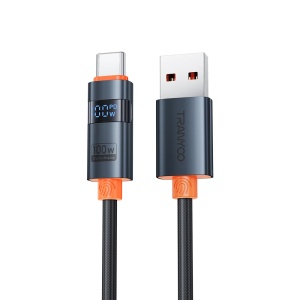 Cablu de date Tranyoo AC-6, USB la Type-C, 100W, 6A, afisaj digital de putere, cablu impletit, compatibil iOS si Android, Negru