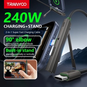 Cablu de date si incarcare rapida Tranyoo CC10, Type-C la Type-C, 240W, cu suport stand integrat, conector in unghi 90 grade, carcasa din aliaj de titan, cablu impletit, 1.2 m, pentru telefon, tableta si laptop, compatibil iOS si Android, Gri - Img 4