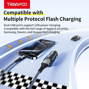 Incarcator auto Tranyoo T-C20, 2 porturi USB, 2.4A, 12W, carcasa din aluminiu, compatibil iOS si Android, Negru - Img 9