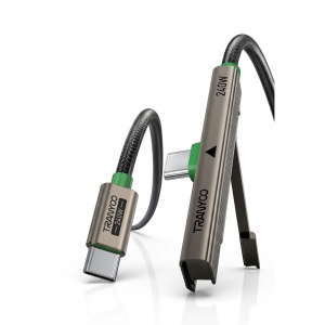 Cablu de date si incarcare rapida Tranyoo CC10, Type-C la Type-C, 240W, cu suport stand integrat, conector in unghi 90 grade, carcasa din aliaj de titan, cablu impletit, 1.2 m, pentru telefon, tableta si laptop, compatibil iOS si Android, Gri