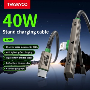 Cablu de date si incarcare rapida Tranyoo CL10, Type-C la Lightning, 40W, cu suport stand integrat, conector in unghi 90 grade, carcasa din aliaj de titan, cablu impletit 48 fire, rezistent la 10.000 de indoiri, 1.2 m, compatibil iPhone si iPad, Gri - Img 2