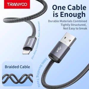 Cablu de date si incarcare rapida Tranyoo T-S20 L, USB la Lightning, cip inteligent de recunoastere, conectori din aliaj de zinc, cablu impletit din nailon, incarcare la temperatura scazuta, compatibil iPhone si iPad, Negru - Img 2