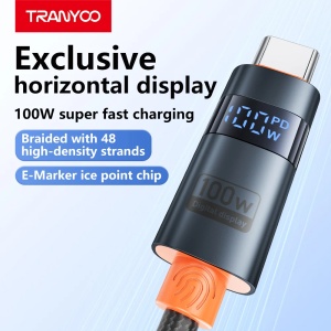 Cablu de date Tranyoo AC-6, USB la Type-C, 100W, 6A, afisaj digital de putere, cablu impletit, compatibil iOS si Android, Negru - Img 2
