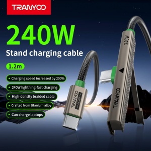 Cablu de date si incarcare rapida Tranyoo CC10, Type-C la Type-C, 240W, cu suport stand integrat, conector in unghi 90 grade, carcasa din aliaj de titan, cablu impletit, 1.2 m, pentru telefon, tableta si laptop, compatibil iOS si Android, Gri - Img 2