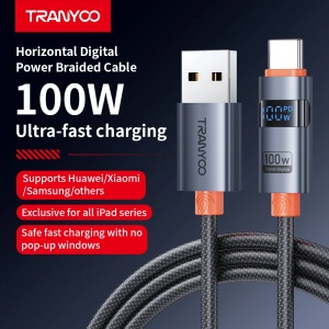 Cablu de date Tranyoo AC-6, USB la Type-C, 100W, 6A, afisaj digital de putere, cablu impletit, compatibil iOS si Android, Negru - Img 3