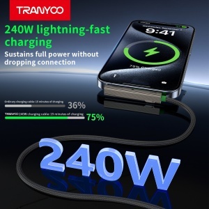 Cablu de date si incarcare rapida Tranyoo CC10, Type-C la Type-C, 240W, cu suport stand integrat, conector in unghi 90 grade, carcasa din aliaj de titan, cablu impletit, 1.2 m, pentru telefon, tableta si laptop, compatibil iOS si Android, Gri - Img 6
