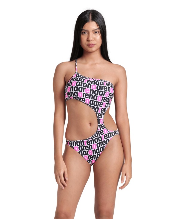 Arena - costum inot femei intreg - Logotype Swimsuit Single Shoulder - White Multi-Black