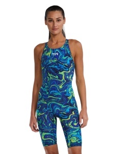Costum înot întreg femei TYR Thresher Open Back - albastru/verde