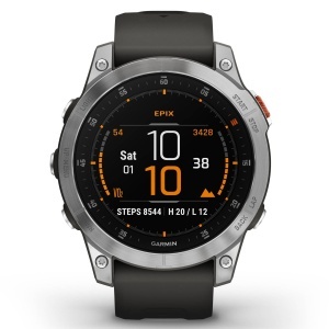 Garmin - Epix Gen 2 smartwatch premium cu GPS si AMOLED - ramă argintie din oţel inoxidabil, carcasă neagră si curea din silicon