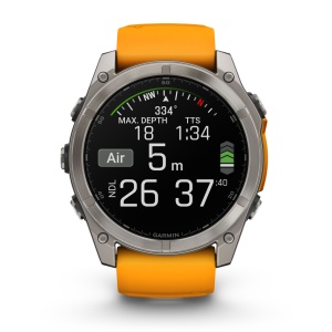 Garmin - fenix 8x AMOLED Sapphire 51mm - smartwatch premium AMOLED - ramă argintie din titanium si curea din silicon portocalie - Img 2