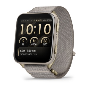 Garmin Venu® X1 | Soft Gold cu spate din titan și curea din nailon French Gray