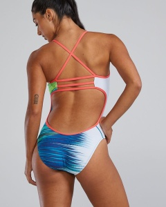 Costum înot întreg femei TYR Bravura Durafast Elite - alb/multicolor | rezistent clor - Img 2
