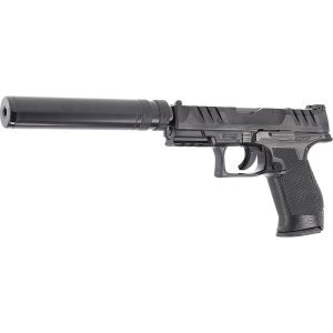 Pistol airsoft cu actionare manuala Walther PDP Compact 4", bile plastic, BB 6 mm, 0.5 jouli, incarcator HiCap, supresor, negru