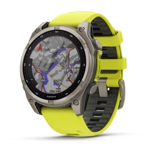 Garmin - fenix 8 Solar Sapphire 47mm - smartwatch premium - ramă argintie din titanium si curea din silicon galben fluo - Img 4