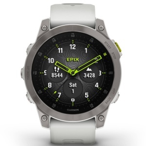 Garmin - Epix Gen 2 Sapphire smartwatch premium cu GPS si AMOLED - ramă gri din titanium, carcasă albă si curea din silicon albă
