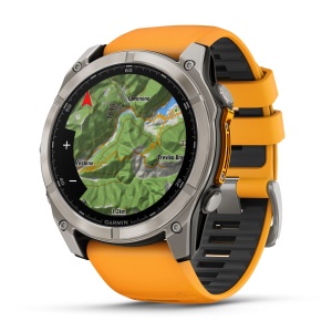Garmin - fenix 8x AMOLED Sapphire 51mm - smartwatch premium AMOLED - ramă argintie din titanium si curea din silicon portocalie - Img 3